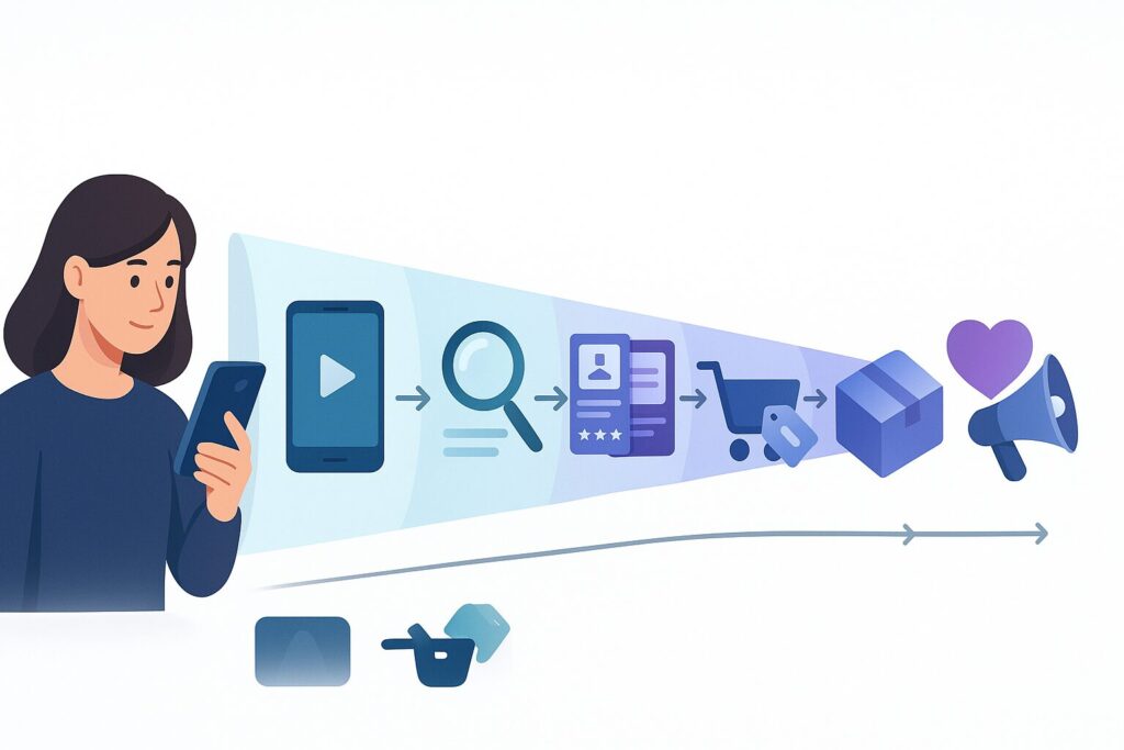 Customer journey B2C – jak pozyskać klienta B2C: świadomość, poszukiwanie, porównanie, decyzja, zakup, lojalność (Ania, 32, Warszawa).